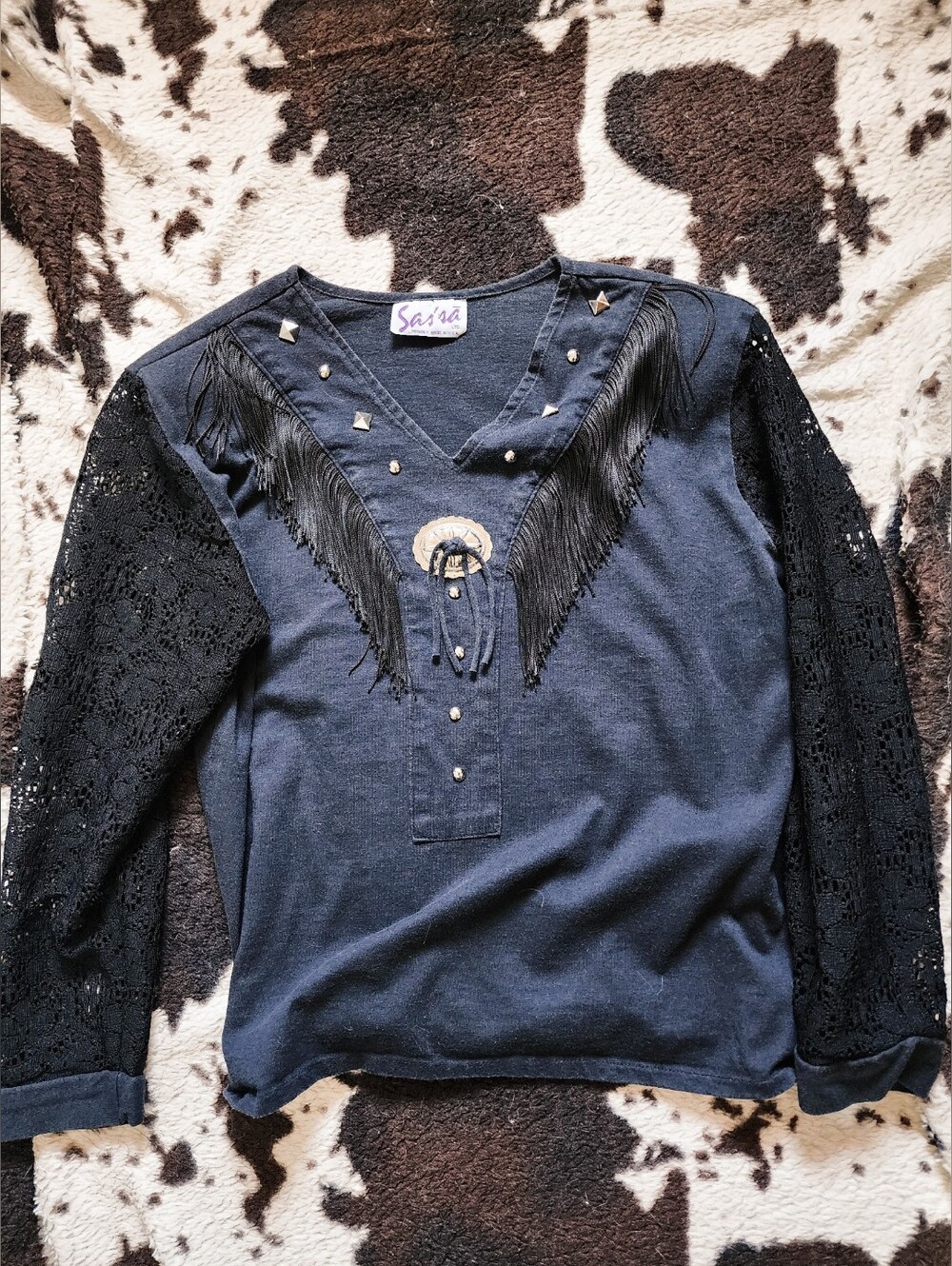WOMEN'S 80'S/90'S WESTERN MOTIF LONG SLEEVE TOP - BLACK